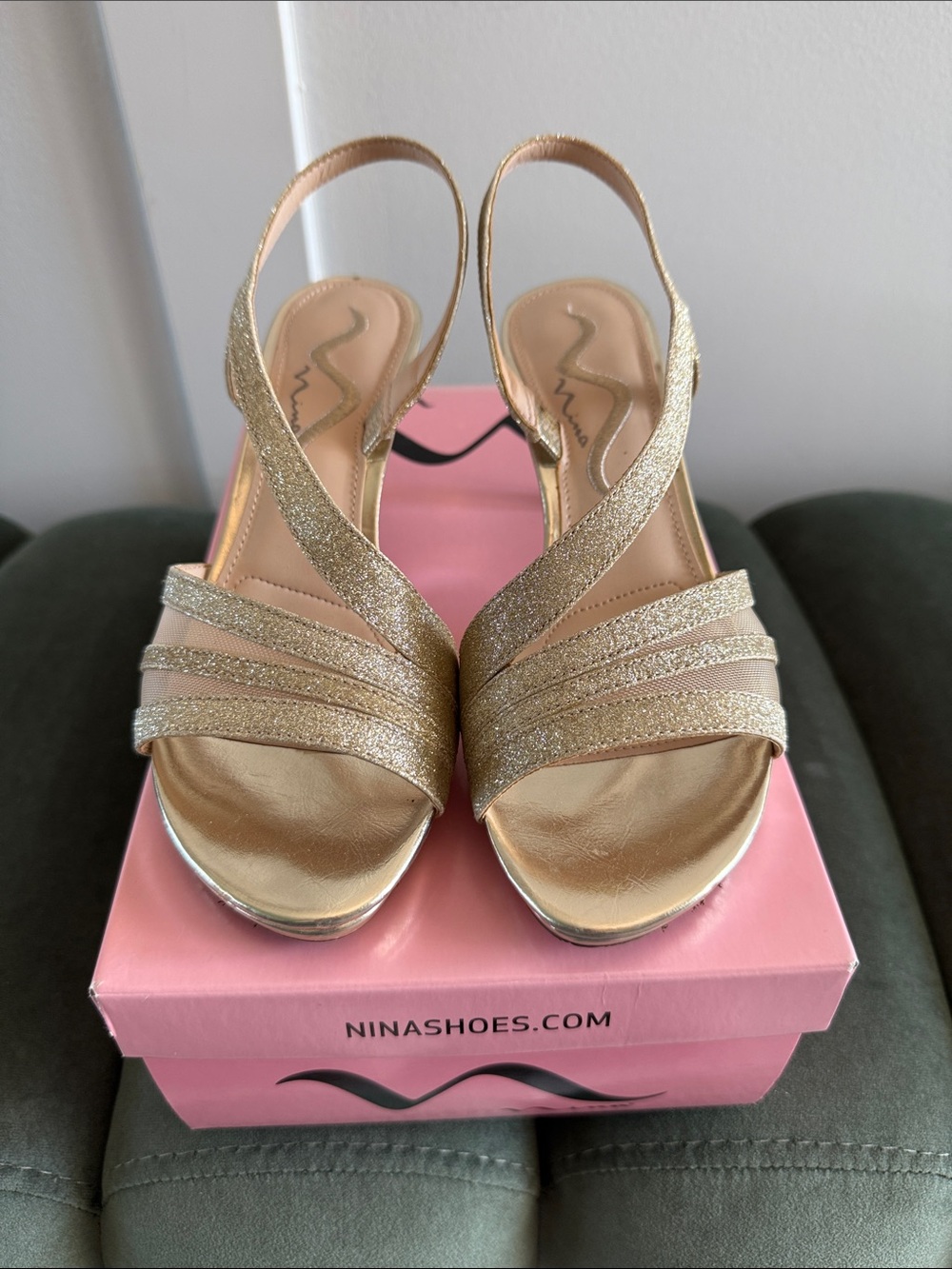 Nina Gold Glitter Crisscross Slingback Heels
